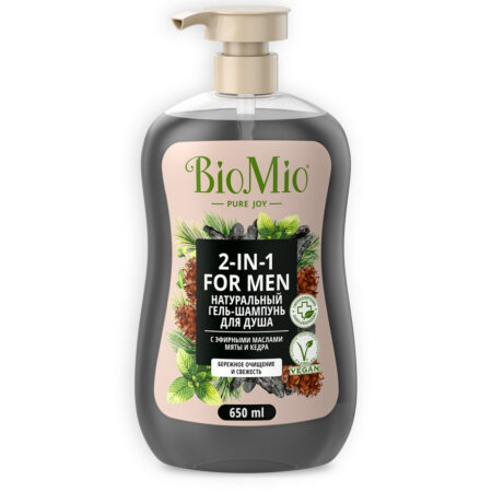 Гель-шампунь для душа мужской BioMio® BIO SHOWER BODY & HAIR GEL 2в1, мята и кедр, 650 мл