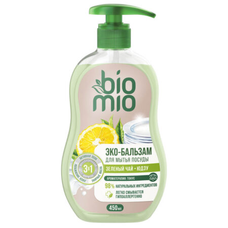 BioMio. Экологичный бальзам для мытья взрослой и детской посуды с экстрактом хлопка и ионами серебра. Концентрат. Зеленый чай и Юдзу, 450 мл